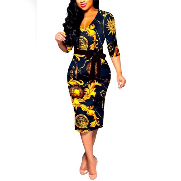 Black/Gold V-Neck Baroque Bodycon Midi Sheath Dress w/Belt, NWOT - Picture 1 of 3